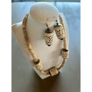 Vintage Carved Bovine Bone Necklace & Earrings Set Folk Barrel Beads 70s Artisan